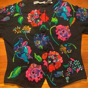 Michael Simon Black Cardigan with Colorful Floral Jewel Embroidery